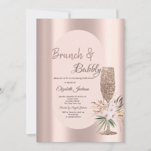 Glitter Champagne Glass Flowers Rose Gold Invitation