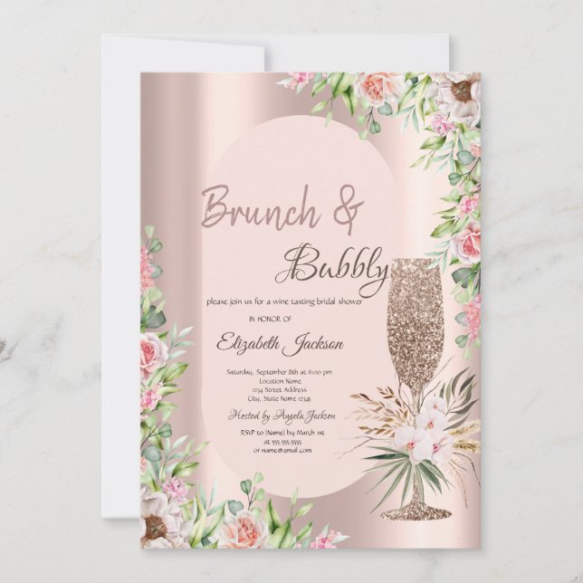 Glitter Champagne Glass Roses, Rose Gold Invitation (Front)