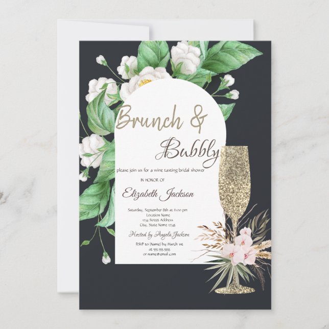 Glitter Champagne Glass White Flowers  Invitation (Front)