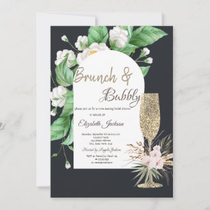 Glitter Champagne Glass White Flowers Invitation