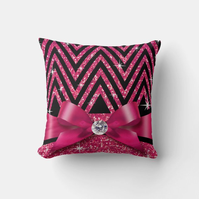Glitter Chevron Bling Diamond Bow | fuchsia Cushion (Front)