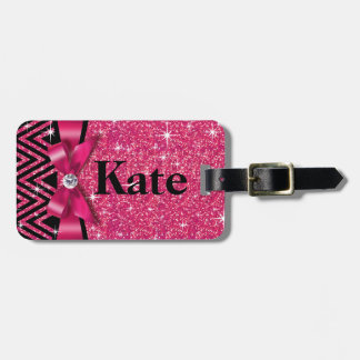 Glitter Chevron Bling Diamond Bow | fuchsia Luggage Tag