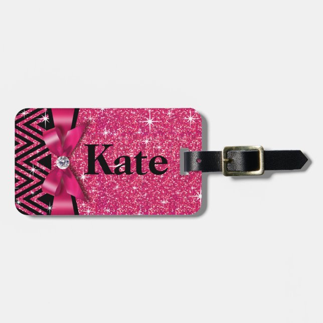 Glitter Chevron Bling Diamond Bow | fuchsia Luggage Tag (Front Horizontal)