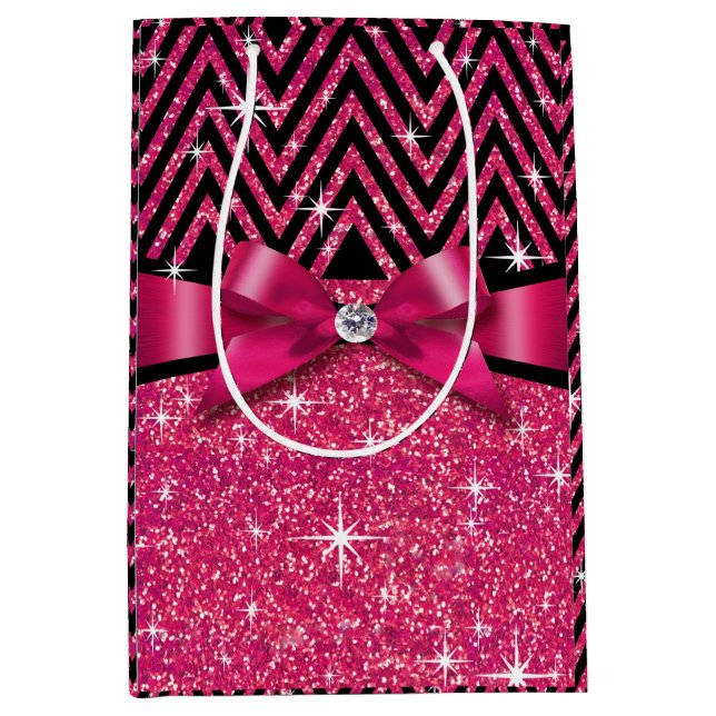 Glitter Chevron Bling Diamond Bow | fuchsia Medium Gift Bag (Front)