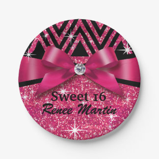 Glitter Chevron Bling Diamond Bow | fuchsia Paper Plate