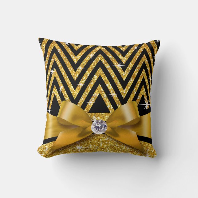 Glitter Chevron Bling Diamond Bow | gold Cushion (Front)