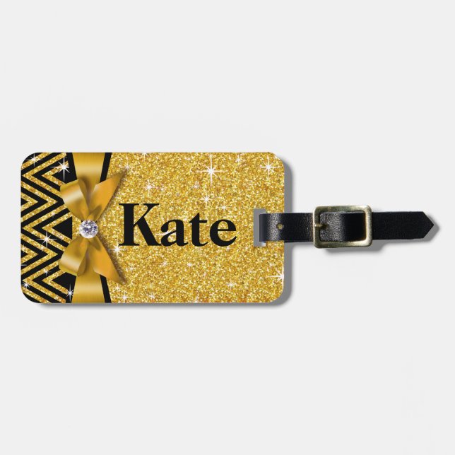 Glitter Chevron Bling Diamond Bow | gold Luggage Tag (Front Horizontal)