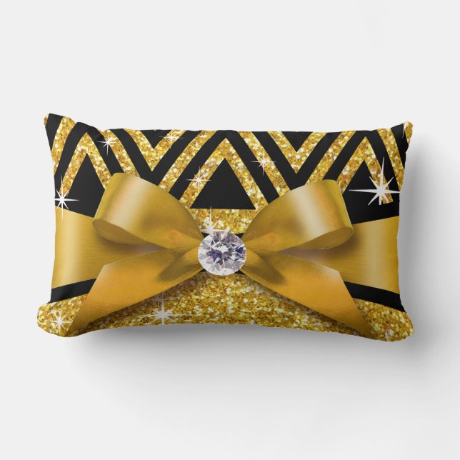 Glitter Chevron Bling Diamond Bow | gold Lumbar Cushion (Front)