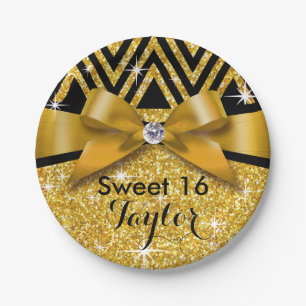 Glitter Chevron Bling Diamond Bow   gold Paper Plate