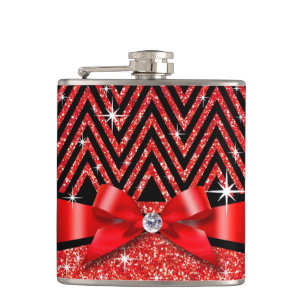 Glitter Chevron Bling Diamond Bow red Hip Flask
