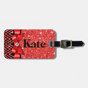 Glitter Chevron Bling Diamond Bow   red Luggage Tag