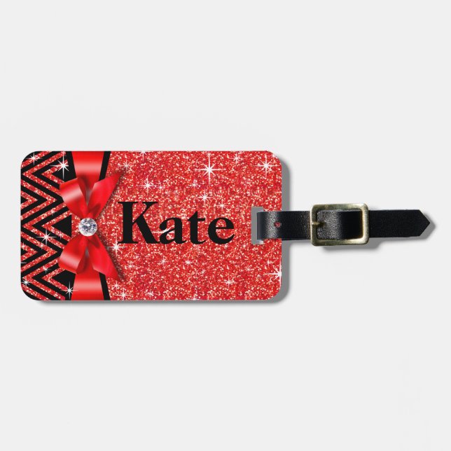 Glitter Chevron Bling Diamond Bow | red Luggage Tag (Front Horizontal)