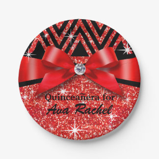 Glitter Chevron Bling Diamond Bow | red Paper Plate