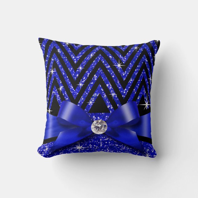 Glitter Chevron Bling Diamond Bow | sapphire Cushion (Front)