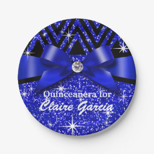 Glitter Chevron Bling Diamond Bow   sapphire Paper Plate