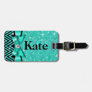 Glitter Chevron Bling Diamond Bow   teal Luggage Tag