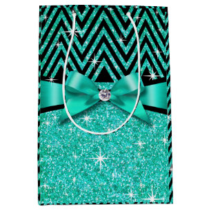 Glitter Chevron Bling Diamond Bow   teal Medium Gift Bag