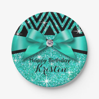 Glitter Chevron Bling Diamond Bow | teal Paper Plate