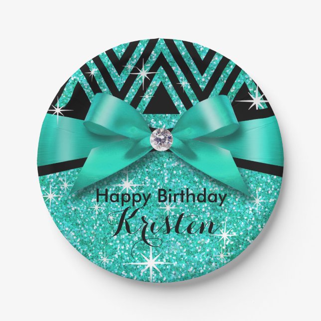 Glitter Chevron Bling Diamond Bow | teal Paper Plate (Front)