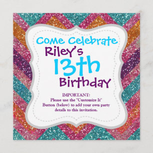 Glitter Chevron Pink Purple Orange Teal Invitation