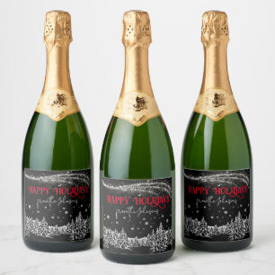 Glitter Christmas Trees Happy Holidays Black Sparkling Wine Label
