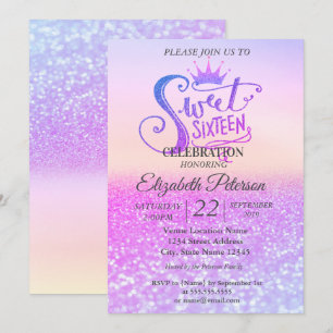 Glitter Colourful Bokeh Ombre,Tiara Sweet 16 Party Invitation