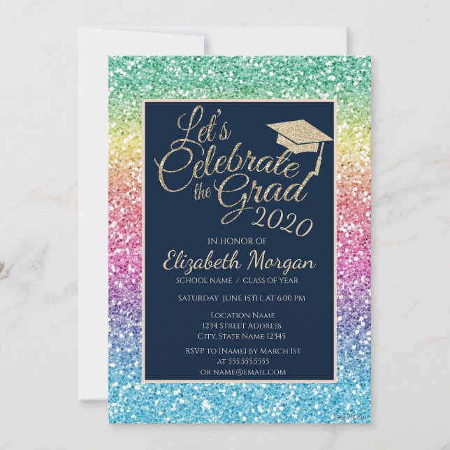 Glitter Colourful Graduation Cap Graduation Invitation (Front)