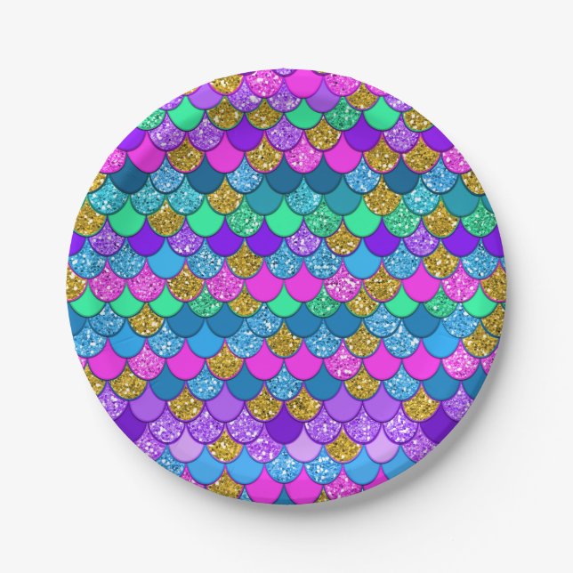 Glitter Colourful Mermaid Birthday Party Paper Plate (Front)