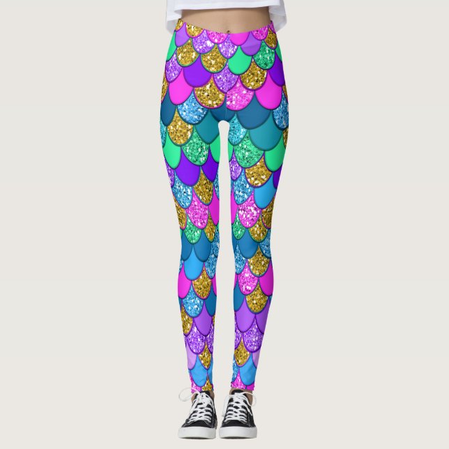 Glitter Colourful Multi-Coloured Mermaid Scales Leggings (Front)