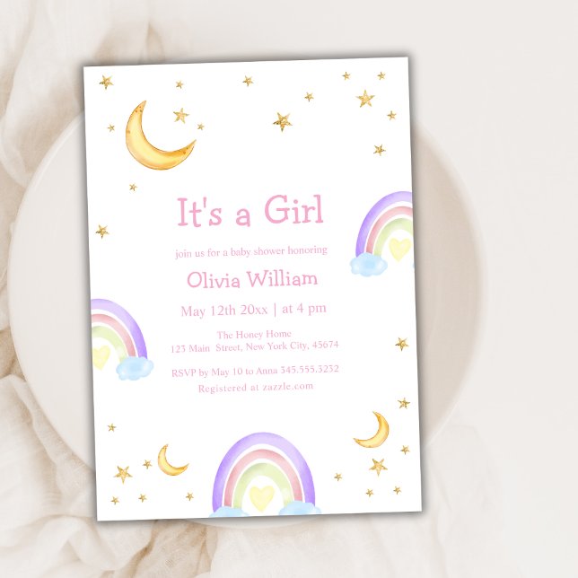 Glitter Colourful Rainbow Moon Star Baby Shower  Invitation (Glitter Colorful Rainbow Moon Star Baby Shower Invitation)