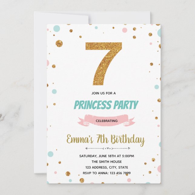 Glitter confetti 7th birthday invitation (Front)