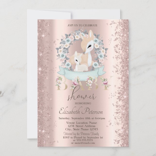 Glitter Confetti Baby Deers Flowers Baby Shower Invitation (Front)
