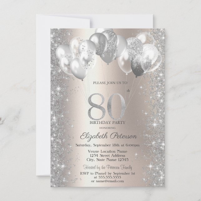 Glitter Confetti Balloons Champagne 80th Birthday Invitation (Front)