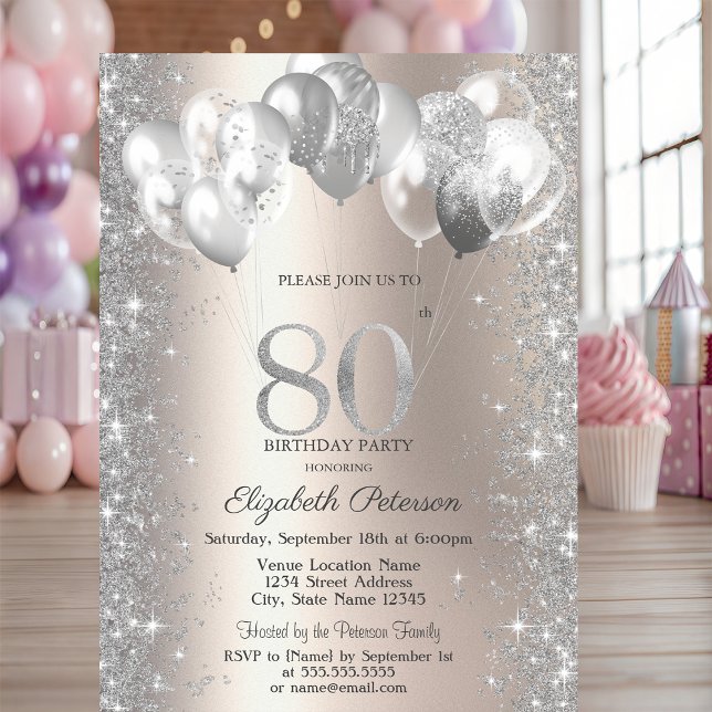 Glitter Confetti Balloons Champagne 80th Birthday Invitation (Creator Uploaded)