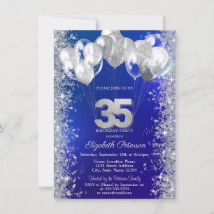 Glitter Confetti Balloons Navy Blue 35th Birthday Invitation