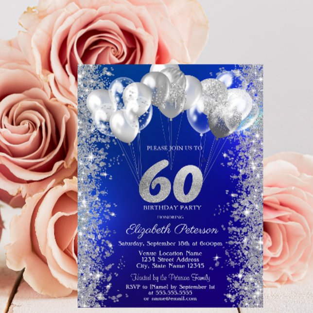  Glitter Confetti Balloons Navy Blue 60th Birthday Invitation (Creator Uploaded)