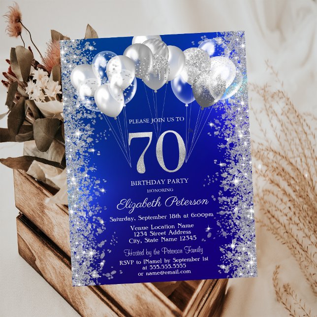 Glitter Confetti Balloons Navy Blue 70th Birthday Invitation (Creator Uploaded)