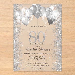 Glitter Confetti Balloons Navy Blue 80th Birthday Acrylic Invitations