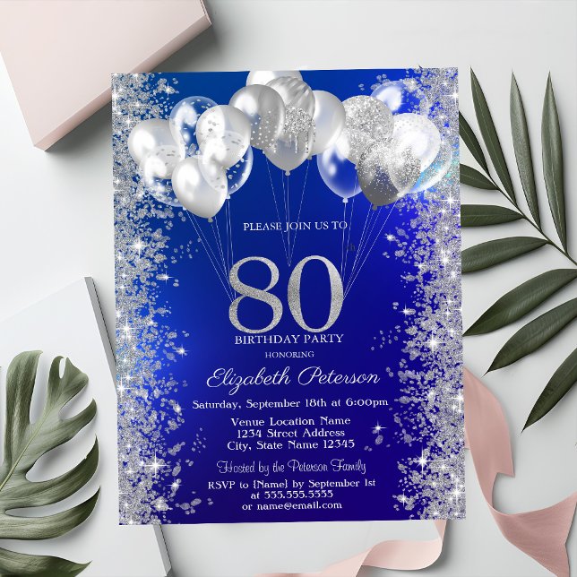 Glitter Confetti Balloons Navy Blue 80th Birthday Invitation (Creator Uploaded)
