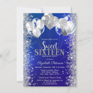 Glitter Confetti Balloons Navy Blue Sweet 16 Invitation