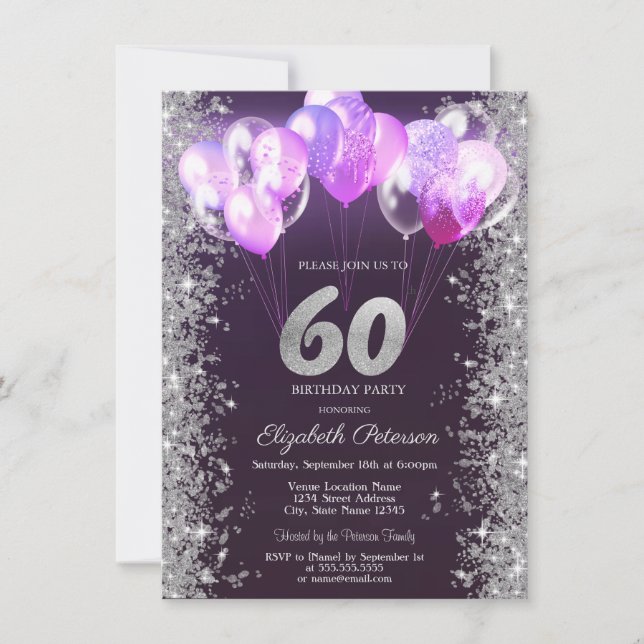  Glitter Confetti Balloons Purple 60th Birthday Invitation (Front)