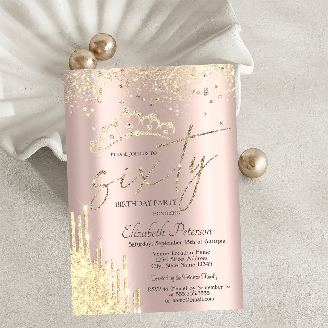 Glitter Confetti Crown Rose Gold 60th Birthday  Invitation (Creator Uploaded)