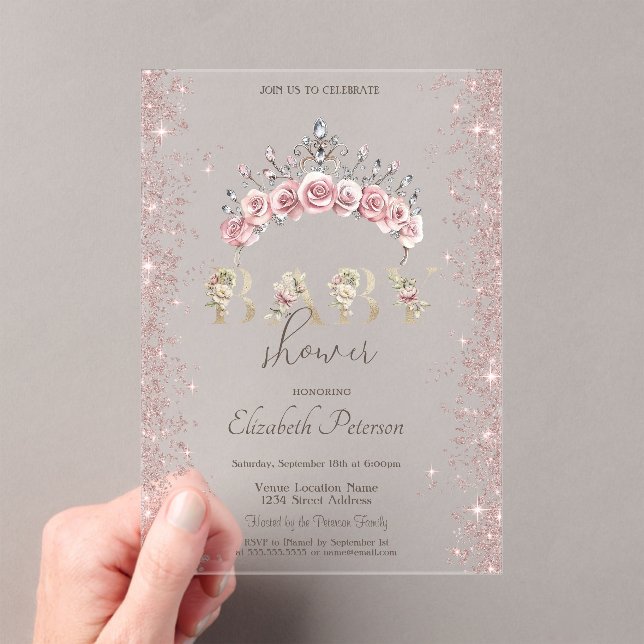 Glitter Confetti Floral Crown Baby Shower Acrylic Invitations (Insitu (Handheld))
