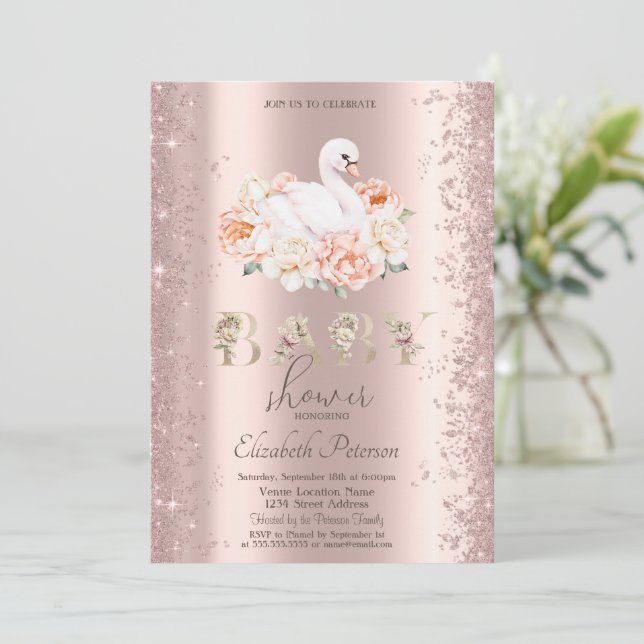 Glitter Confetti Floral Swan Baby Shower Invitation (Standing Front)
