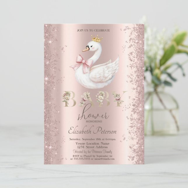 Glitter Confetti Floral Swan Bow Baby Shower Invitation (Standing Front)