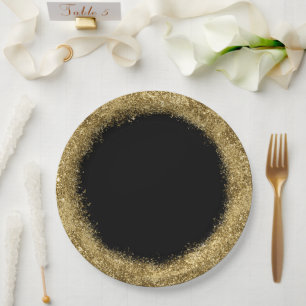 Glitter Confetti   Gold and Black Circle Paper Plate