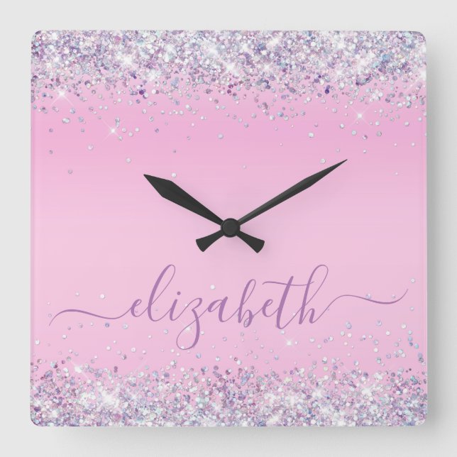 Glitter Confetti Personalised Pink Square Wall Clo Square Wall Clock (Front)