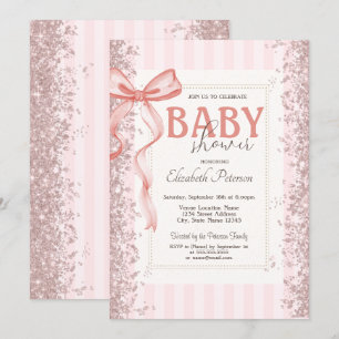 Glitter Confetti Pink Bow Striped Baby Shower Invitation