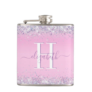 Glitter Confetti Pink Monogram Flask