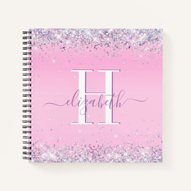 Glitter Confetti Pink Monogram Notebook (Front)